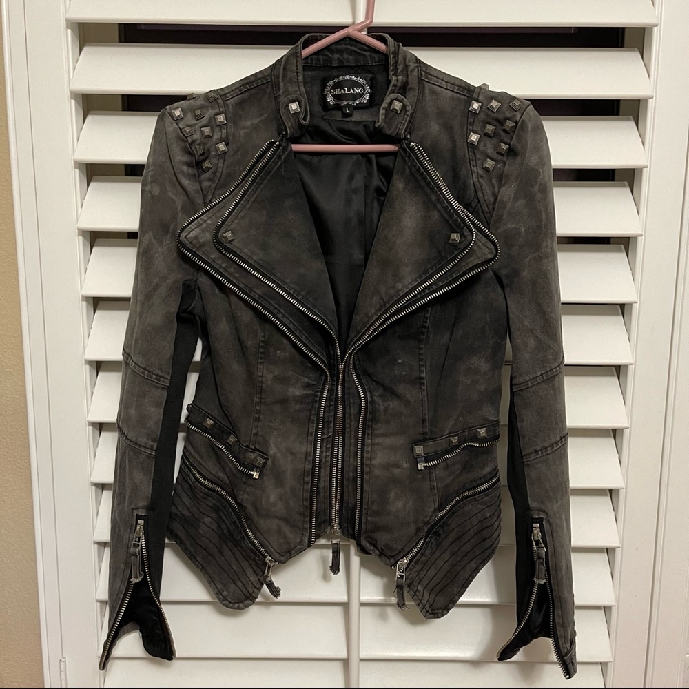 Large denim washed black studded moto jacket